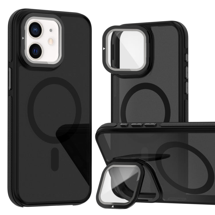 For iPhone 12 Pro / 12 Magsafe Dual-Color Skin Feel Lens Film Phone Case with Lens Fold Holder(Black) - iPhone 12 / 12 Pro Cases by buy2fix | Online Shopping UK | buy2fix