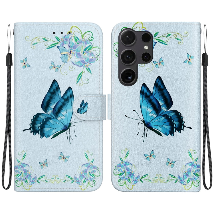 For Samsung Galaxy S25 Ultra 5G Crystal Texture Colored Drawing Leather Phone Case(Blue Pansies) - Galaxy S25 Ultra 5G Cases by buy2fix | Online Shopping UK | buy2fix