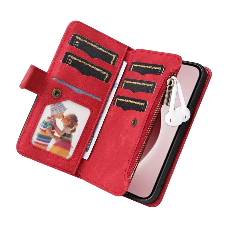 For iPhone 16 Pro Dual-color 9 Card Slots Zipper Wallet Leather Phone Case(Red) - iPhone 16 Pro Cases by buy2fix | Online Shopping UK | buy2fix