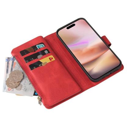 For iPhone 16 Plus Skin Feel Multi Card Slots Zipper Wallet Leather Phone Case(Red) - iPhone 16 Plus Cases by buy2fix | Online Shopping UK | buy2fix