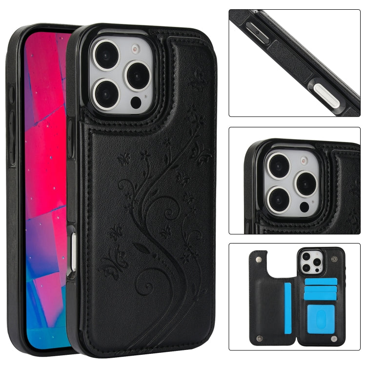 For iPhone 16 Pro Double Buckle Butterfly Embossing PU Phone Case(Black) - iPhone 16 Pro Cases by buy2fix | Online Shopping UK | buy2fix