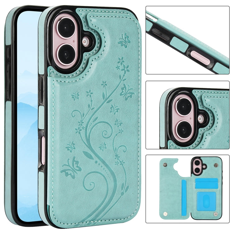 For iPhone 16 Plus Double Buckle Butterfly Embossing PU Phone Case(Green) - iPhone 16 Plus Cases by buy2fix | Online Shopping UK | buy2fix