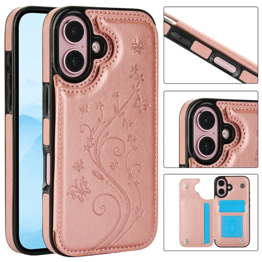 For iPhone 16 Double Buckle Butterfly Embossing PU Phone Case(Rose Gold) - iPhone 16 Cases by buy2fix | Online Shopping UK | buy2fix