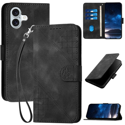 For iPhone 16 Plus YX0080 Grid Butterfly Embossed Pattern Flip Leather Phone Case with Lanyard(Black) - iPhone 16 Plus Cases by buy2fix | Online Shopping UK | buy2fix