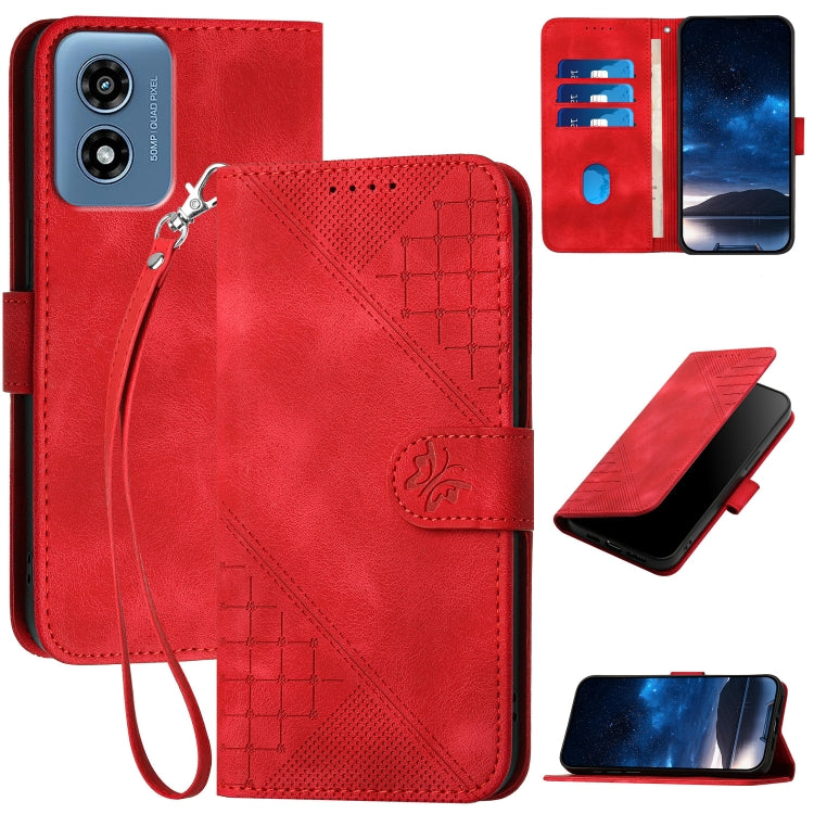 For Motorola Moto G Play 4G 2024 YX0080 Grid Butterfly Embossed Pattern Flip Leather Phone Case with Lanyard(Red) - Motorola Cases by buy2fix | Online Shopping UK | buy2fix