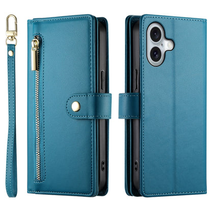 For iPhone 16 Plus Nine Card-slot Zipper Wallet Bag Leather Phone Case(Blue) - iPhone 16 Plus Cases by buy2fix | Online Shopping UK | buy2fix