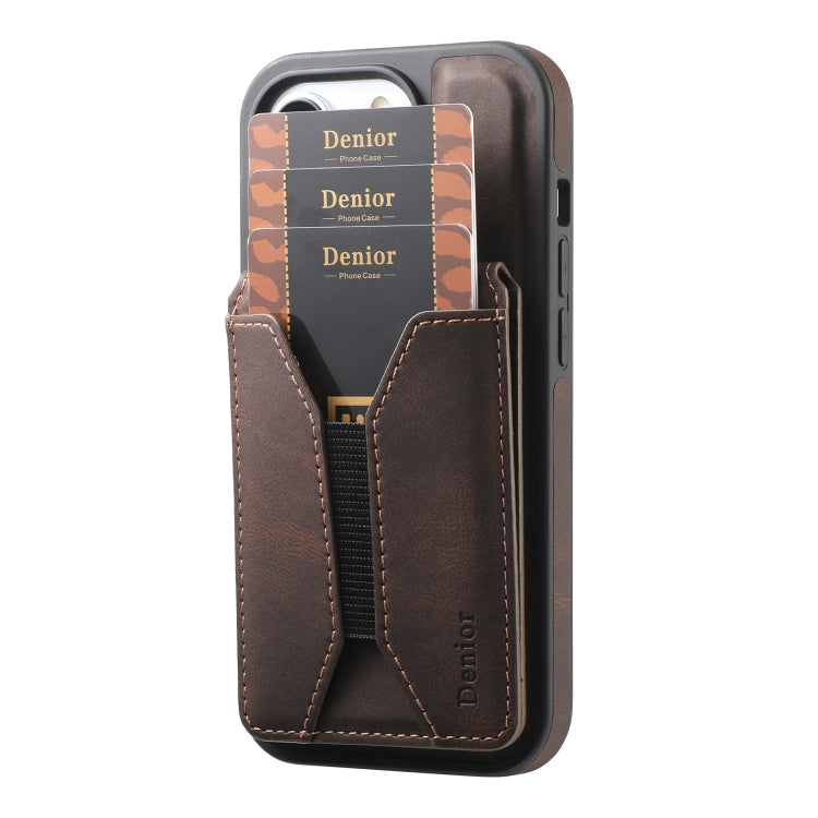 For iPhone 15 Plus / 14 Plus Denior D18 Skin Feel Rotating Holder MagSafe Detachable Card Slot Phone Case(Brown) - iPhone 15 Plus Cases by Denior | Online Shopping UK | buy2fix