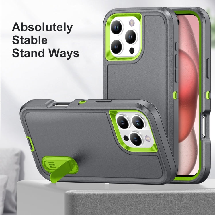 For iPhone 16 Pro Max Rugged PC + Silicone Phone Case with Holder(Grey+Fresh Green) - iPhone 16 Pro Max Cases by buy2fix | Online Shopping UK | buy2fix