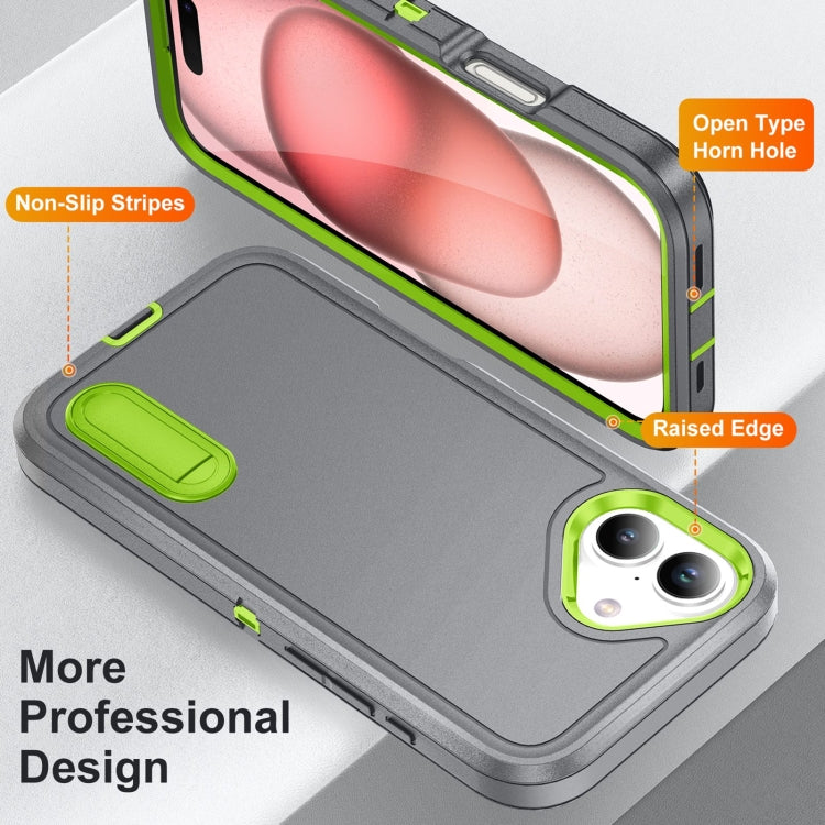 For iPhone 16 Rugged PC + Silicone Phone Case with Holder(Grey+Fresh Green) - iPhone 16 Cases by buy2fix | Online Shopping UK | buy2fix