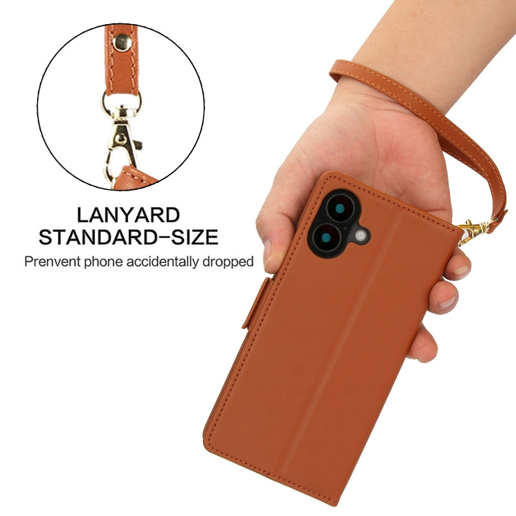 For iPhone 16 Plus Side Buckle RFID Anti-theft Leather Phone Case(Brown) - iPhone 16 Plus Cases by buy2fix | Online Shopping UK | buy2fix