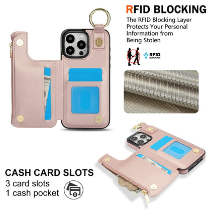 For iPhone 16 Pro RFlD Anti-theft Double Buckle Ring Zipper Card Phone Case(Rose Gold) - iPhone 16 Pro Cases by buy2fix | Online Shopping UK | buy2fix