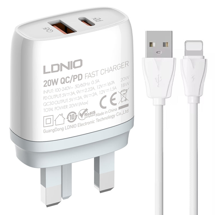 LDNIO Q229 QC3.0 / PD20W USB + Type-C Fast Charger with 1m USB to 8 Pin Cable, Plug Type:UK Plug(White) - USB Charger by LDNIO | Online Shopping UK | buy2fix