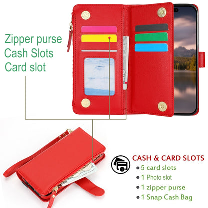 For iPhone 16 Plus Wristband Holder Zipper Purse RFID Leather Phone Case(Red) - iPhone 16 Plus Cases by buy2fix | Online Shopping UK | buy2fix