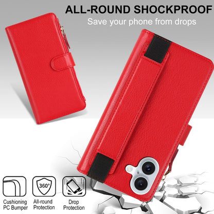 For iPhone 16 Plus Wristband Holder Zipper Purse RFID Leather Phone Case(Red) - iPhone 16 Plus Cases by buy2fix | Online Shopping UK | buy2fix