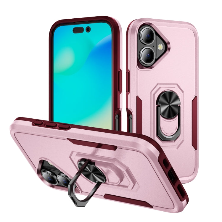 For iPhone 16 Pioneer Armor Heavy Duty PC + TPU Phone Case with Holder(Pink+Rose Red) - iPhone 16 Cases by buy2fix | Online Shopping UK | buy2fix