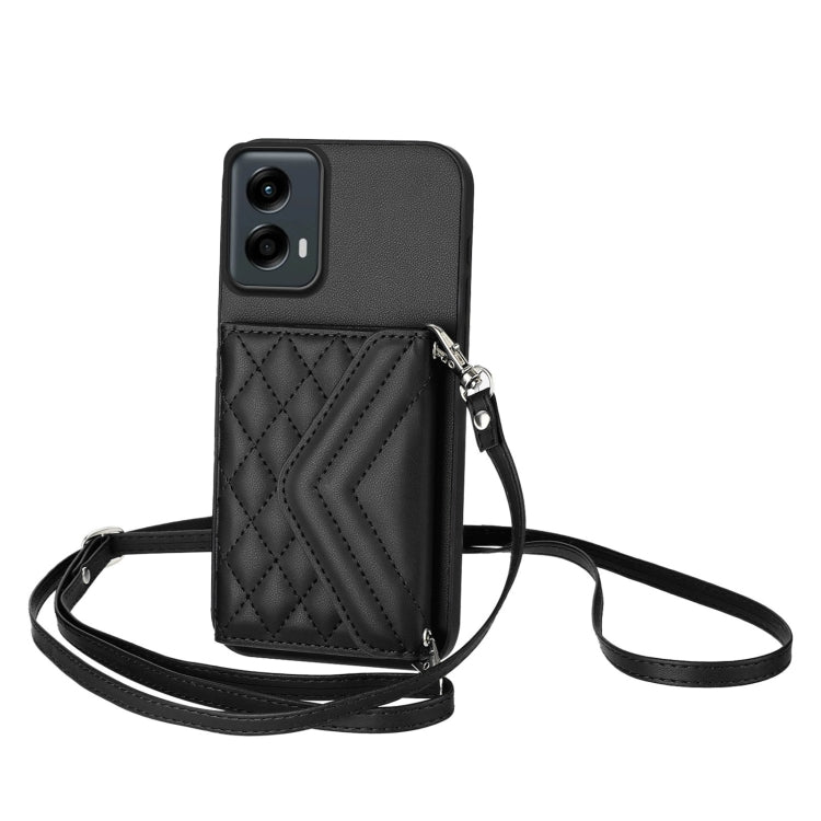 For Motorola Moto G 5G 2024 Rhombic Texture Card Bag RFID Phone Case with Long Lanyard(Black) - Motorola Cases by buy2fix | Online Shopping UK | buy2fix