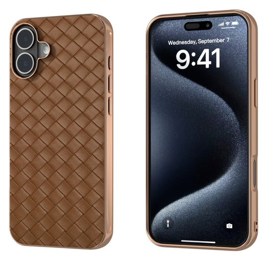 For iPhone 16 Plus Electroplated Frame Woven Texture PU Phone Case(Brown) - iPhone 16 Plus Cases by buy2fix | Online Shopping UK | buy2fix