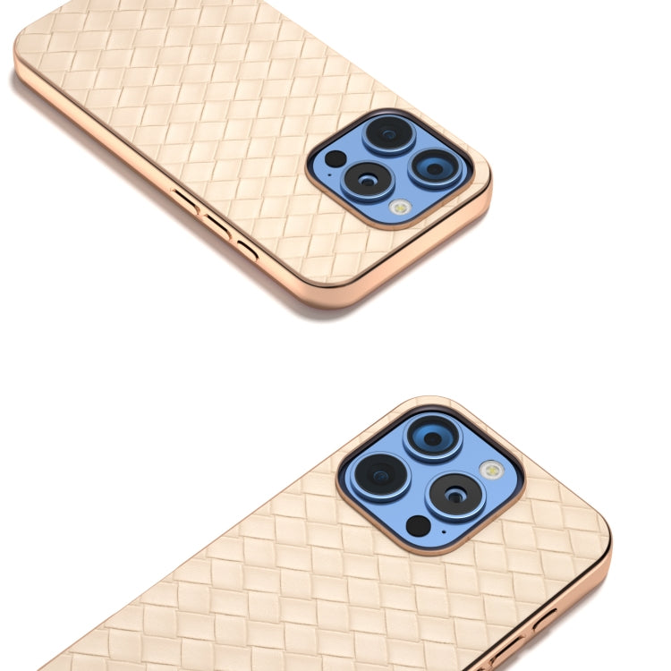 For iPhone 16 Pro Max Electroplated Frame Woven Texture PU Phone Case(Beige) - iPhone 16 Pro Max Cases by buy2fix | Online Shopping UK | buy2fix