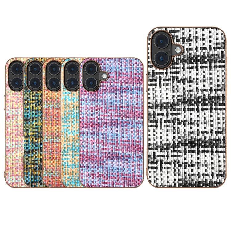 For iPhone 16 Electroplated Frame Color Lattice Texture PU Phone Case(Blue) - iPhone 16 Cases by buy2fix | Online Shopping UK | buy2fix