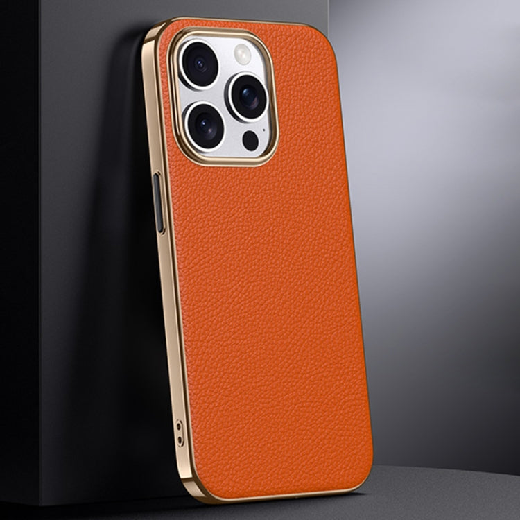 For iPhone 16 Pro First Layer Cowhide Leather Electroplated PC Phone Case(Orange) - iPhone 16 Pro Cases by buy2fix | Online Shopping UK | buy2fix