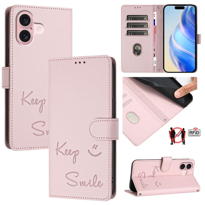 For iPhone 16 Smile Embossing RFID Leather Phone Case(Pink) - iPhone 16 Cases by buy2fix | Online Shopping UK | buy2fix