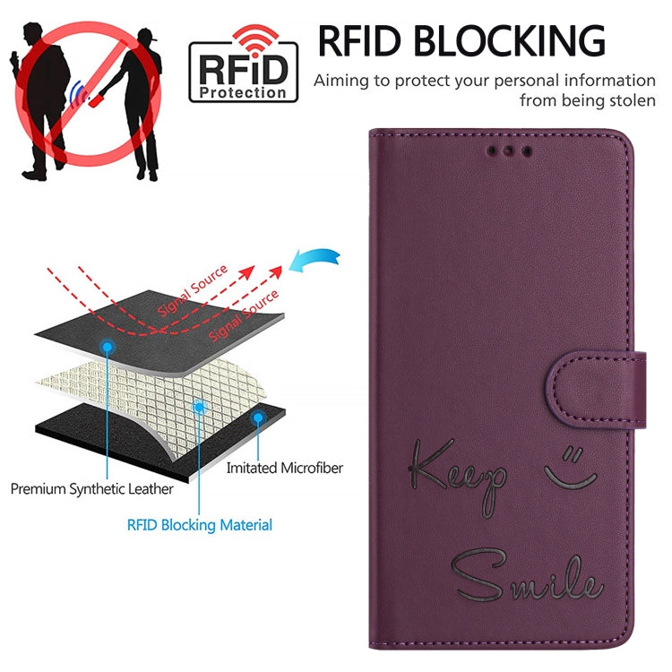 For iPhone 16 Smile Embossing RFID Leather Phone Case(Violet) - iPhone 16 Cases by buy2fix | Online Shopping UK | buy2fix