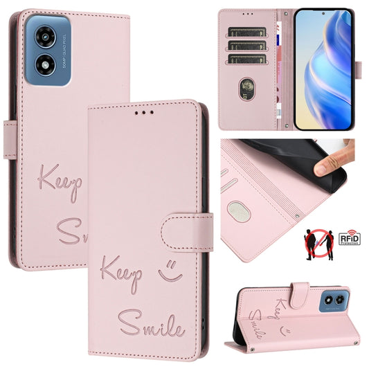 For Motorola Moto G 5G 2024 Global Smile Embossing RFID Leather Phone Case(Pink) - Motorola Cases by buy2fix | Online Shopping UK | buy2fix