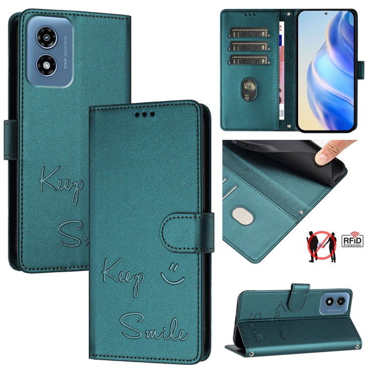 For Motorola Moto G 5G 2024 Global Smile Embossing RFID Leather Phone Case(Peacock Green) - Motorola Cases by buy2fix | Online Shopping UK | buy2fix