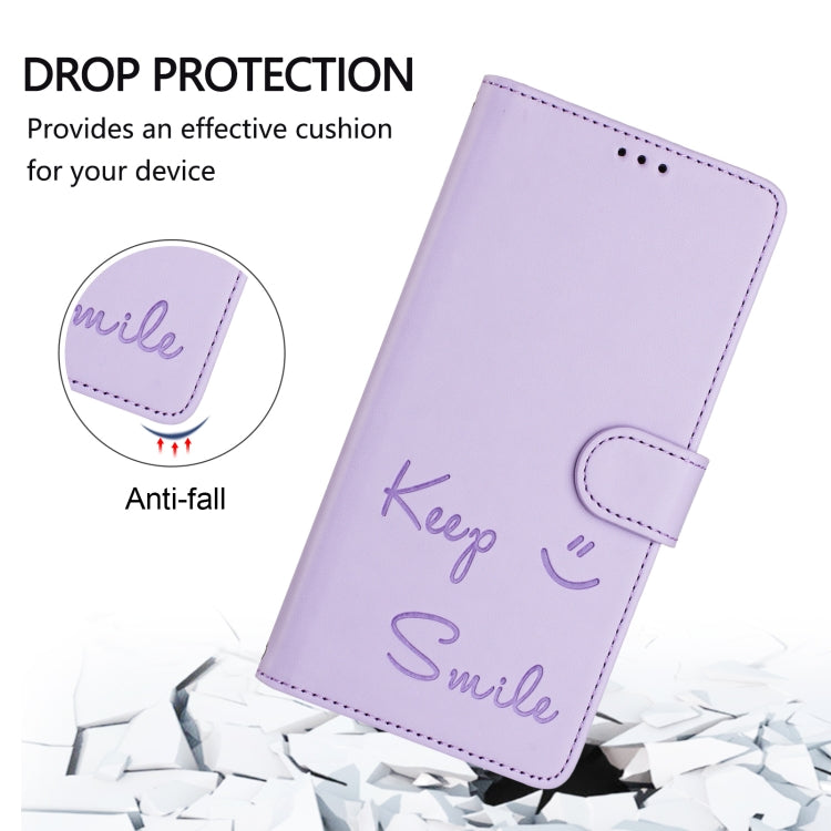 For Motorola Moto G 5G 2024 Global Smile Embossing RFID Leather Phone Case(Light Purple) - Motorola Cases by buy2fix | Online Shopping UK | buy2fix