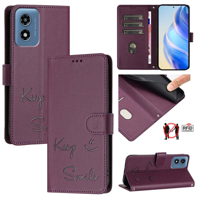 For Motorola Moto G Play 4G 2024 Global Smile Embossing RFID Leather Phone Case(Violet) - Motorola Cases by buy2fix | Online Shopping UK | buy2fix