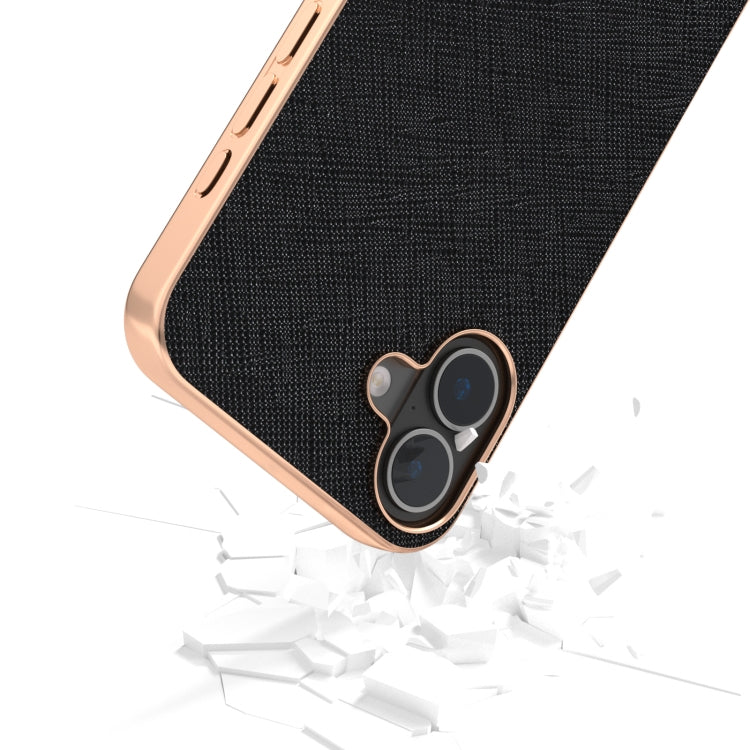 For iPhone 16 ABEEL Electroplating Frame Cross Texture Genuine Leather Phone Case(Black) - iPhone 16 Cases by buy2fix | Online Shopping UK | buy2fix