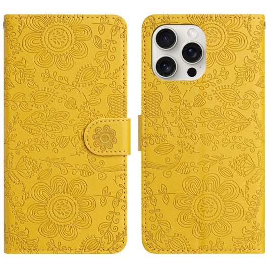 For iPhone 16 Pro Floral Embossed Pattern Leather Phone Case(Yellow) - iPhone 16 Pro Cases by buy2fix | Online Shopping UK | buy2fix