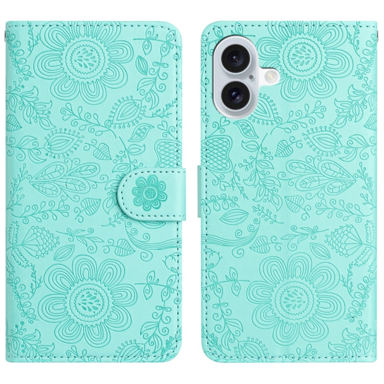 For iPhone 16 Plus Floral Embossed Pattern Leather Phone Case(Light Green) - iPhone 16 Plus Cases by buy2fix | Online Shopping UK | buy2fix