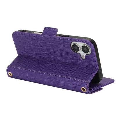 For iPhone 16 Plus Cross Texture Crossbody Lanyard Leather Phone Case(Purple) - iPhone 16 Plus Cases by buy2fix | Online Shopping UK | buy2fix