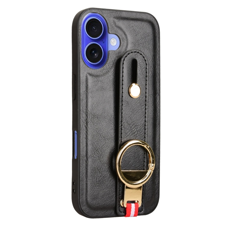 For iPhone 16 Wristband Leather Back Phone Case(Black) - iPhone 16 Cases by buy2fix | Online Shopping UK | buy2fix