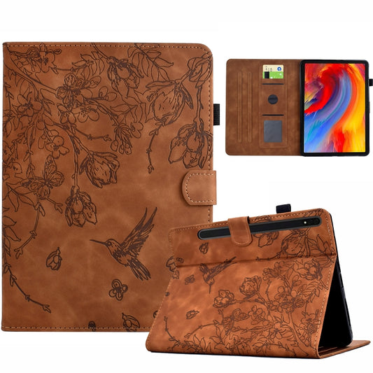 For Samsung Galaxy Tab S7 / S8 Flowers and Bird Embossed Smart Leather Tablet Case(Brown) - Galaxy Tab S8 Cases by buy2fix | Online Shopping UK | buy2fix