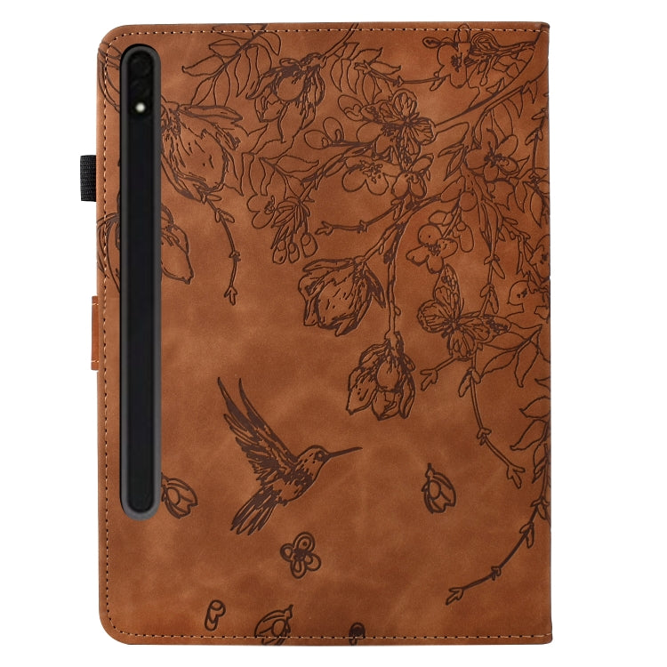 For Samsung Galaxy Tab S7 / S8 Flowers and Bird Embossed Smart Leather Tablet Case(Brown) - Galaxy Tab S8 Cases by buy2fix | Online Shopping UK | buy2fix