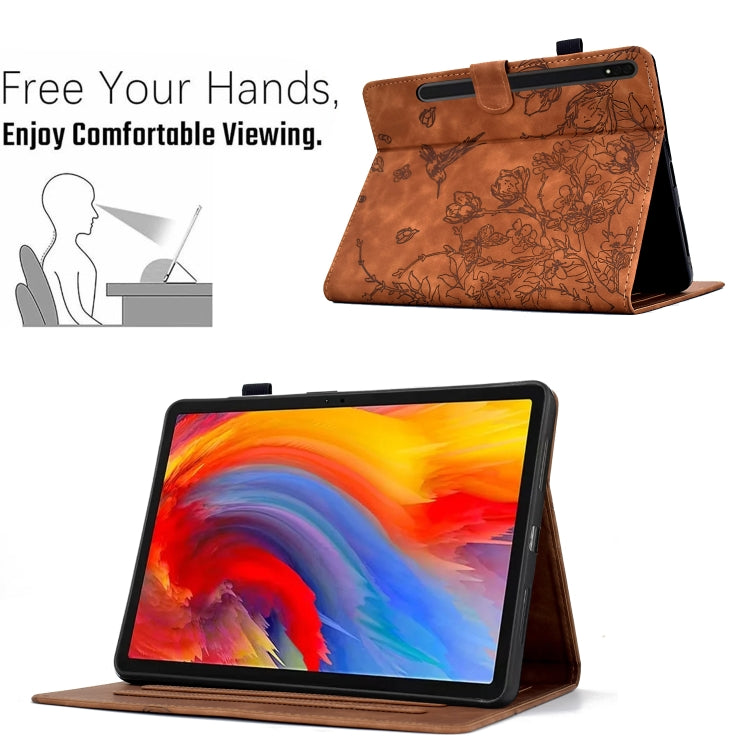 For Samsung Galaxy Tab S7 / S8 Flowers and Bird Embossed Smart Leather Tablet Case(Brown) - Galaxy Tab S8 Cases by buy2fix | Online Shopping UK | buy2fix