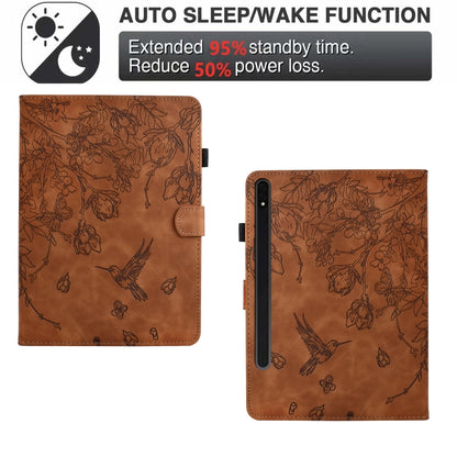 For Samsung Galaxy Tab S7 / S8 Flowers and Bird Embossed Smart Leather Tablet Case(Brown) - Galaxy Tab S8 Cases by buy2fix | Online Shopping UK | buy2fix