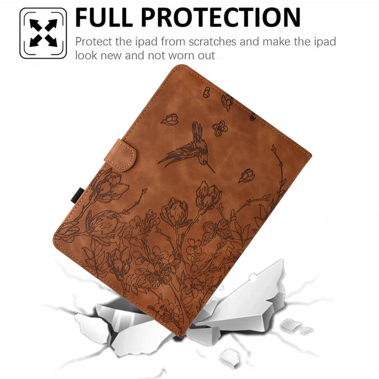 For Samsung Galaxy Tab S7 / S8 Flowers and Bird Embossed Smart Leather Tablet Case(Brown) - Galaxy Tab S8 Cases by buy2fix | Online Shopping UK | buy2fix