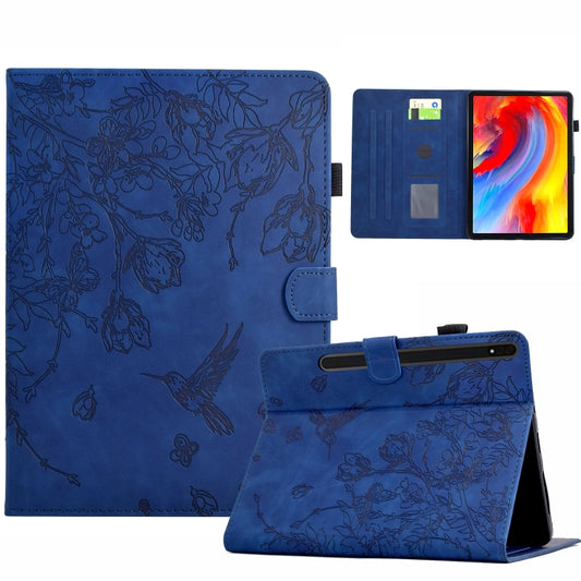 For Samsung Galaxy Tab S7 / S8 Flowers and Bird Embossed Smart Leather Tablet Case(Dark Blue) - Galaxy Tab S8 Cases by buy2fix | Online Shopping UK | buy2fix