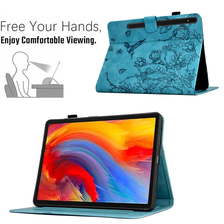 For Samsung Galaxy Tab S7 / S8 Flowers and Bird Embossed Smart Leather Tablet Case(Light Blue) - Galaxy Tab S8 Cases by buy2fix | Online Shopping UK | buy2fix