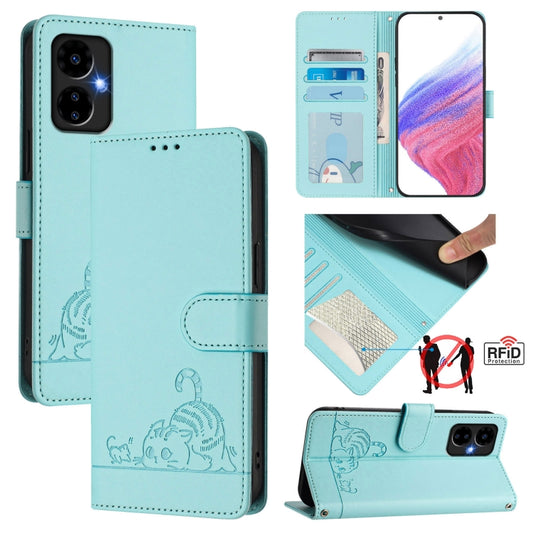 For Boost Mobile Celero 5G 2024 Cat Rat Embossed RFID Leather Phone Case with Lanyard(Mint Green) - More Brand by buy2fix | Online Shopping UK | buy2fix