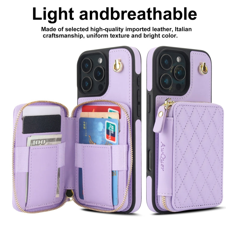 For iPhone 16 Pro AwQuer Crossbody Zipper Wallet Rhombic Leather Back Phone Case(Purple) - iPhone 16 Pro Cases by Awquer | Online Shopping UK | buy2fix