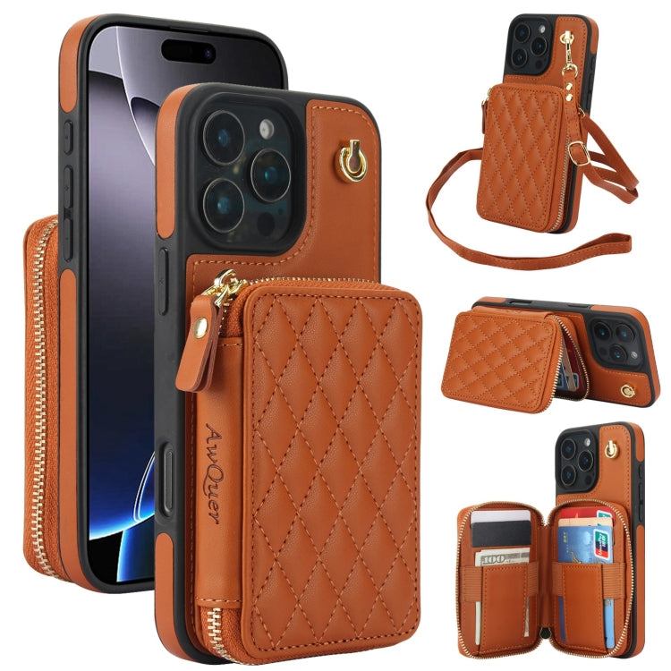 For iPhone 16 Pro AwQuer Crossbody Zipper Wallet Rhombic Leather Back Phone Case(Brown) - iPhone 16 Pro Cases by Awquer | Online Shopping UK | buy2fix