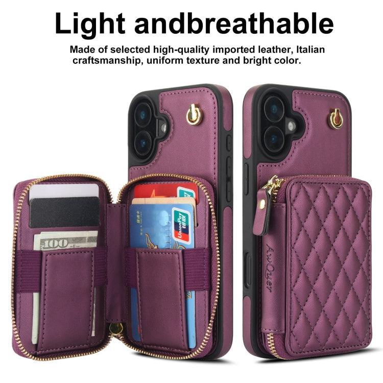 For iPhone 16 AwQuer Crossbody Zipper Wallet Rhombic Leather Back Phone Case(Dark Purple) - iPhone 16 Cases by Awquer | Online Shopping UK | buy2fix