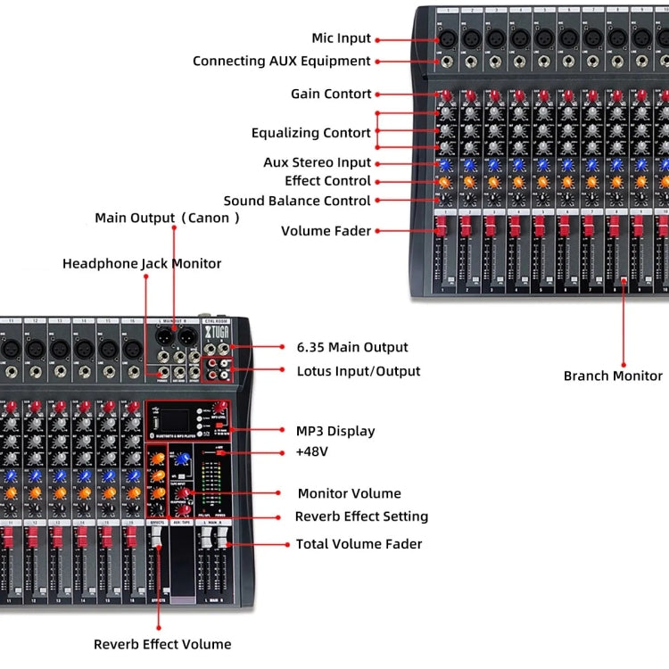 XTUGA CT160X 16-Channels Audio Mixer DJ Mixing Console with 48V Power Supply(EU Plug) - Live Sound Effects Processors by XTUGA | Online Shopping UK | buy2fix