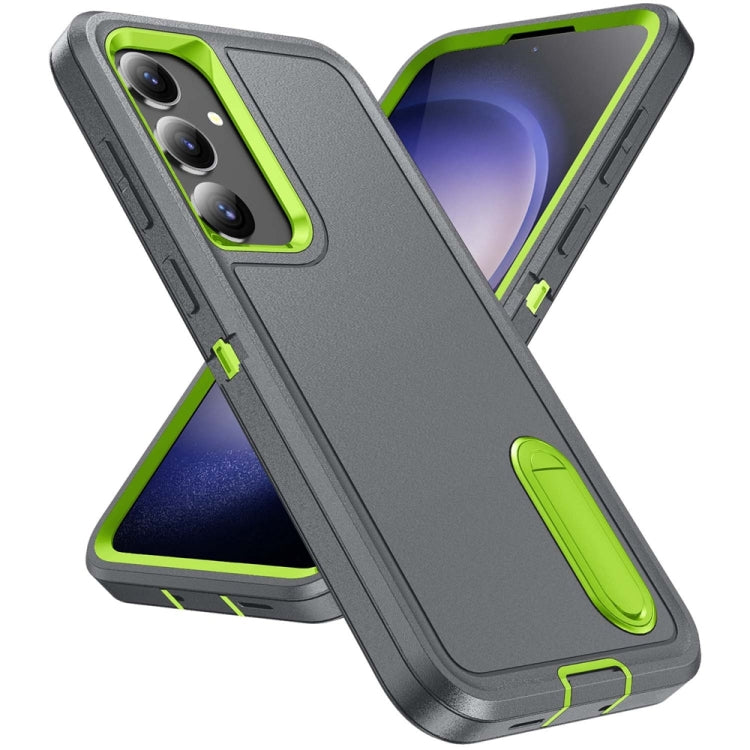 For Samsung Galaxy S24 / S25 5G Rugged PC Hybrid Silicone Phone Case with Holder(Grey+Fresh Green) - Galaxy S25 5G Cases by buy2fix | Online Shopping UK | buy2fix