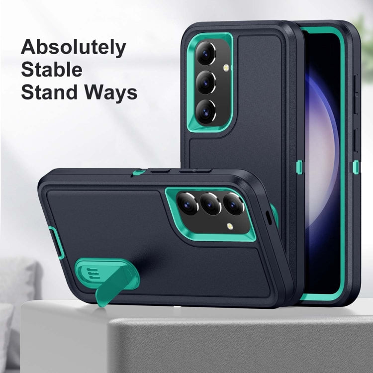 For Samsung Galaxy S24 / S25 5G Rugged PC Hybrid Silicone Phone Case with Holder(Dark Blue+Light Green) - Galaxy S25 5G Cases by buy2fix | Online Shopping UK | buy2fix