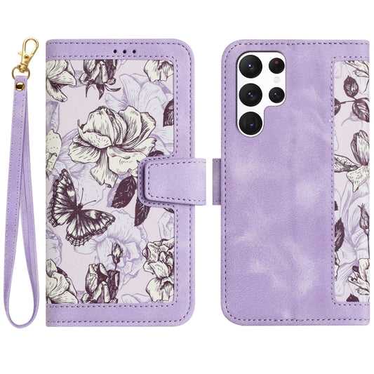 For Samsung Galaxy S25 Ultra 5G Floral Pattern Leather Phone Case with Lanyard(Light Purple) - Galaxy S25 Ultra 5G Cases by buy2fix | Online Shopping UK | buy2fix